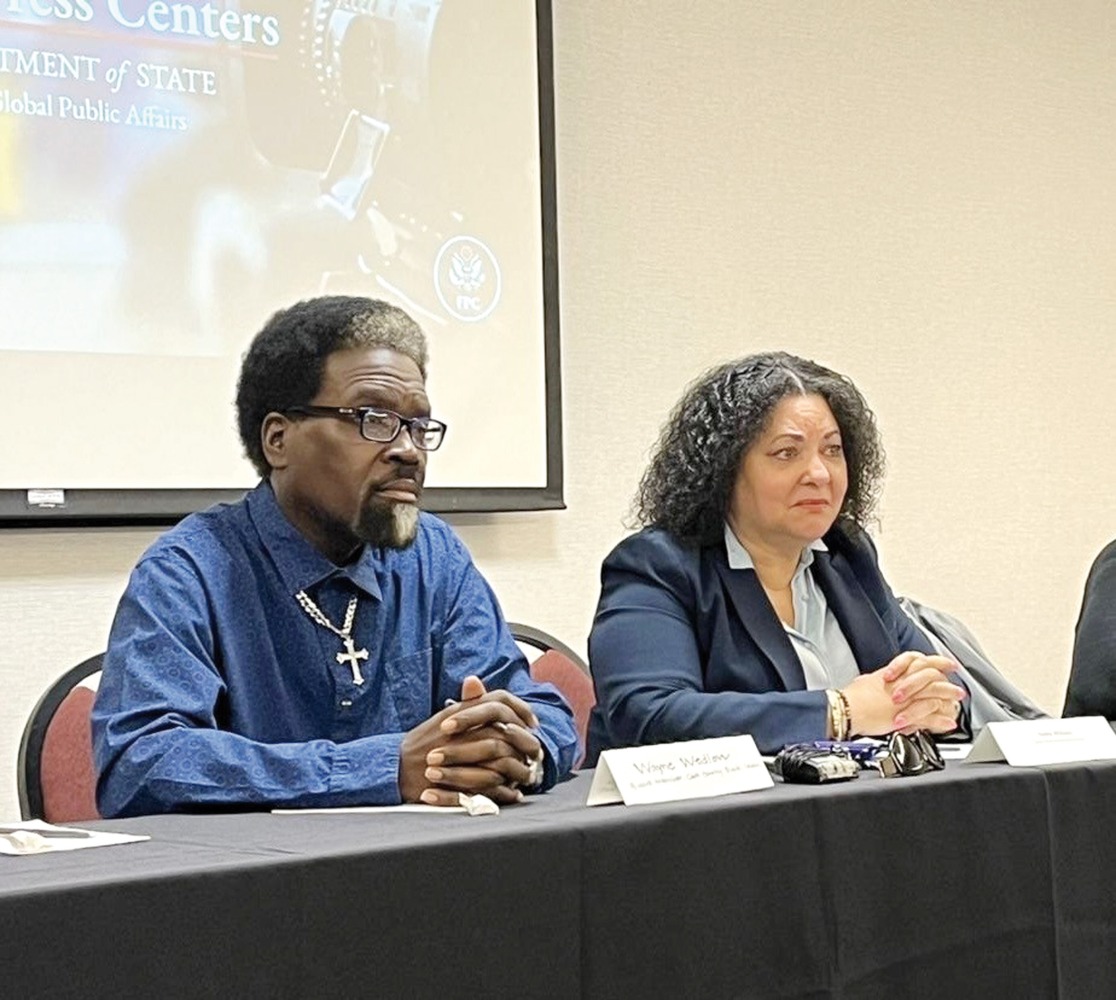 Members of the Clark County Black Caucus addressing journalists of the international reporting tour ‘Democracy is More Than Election Day’.