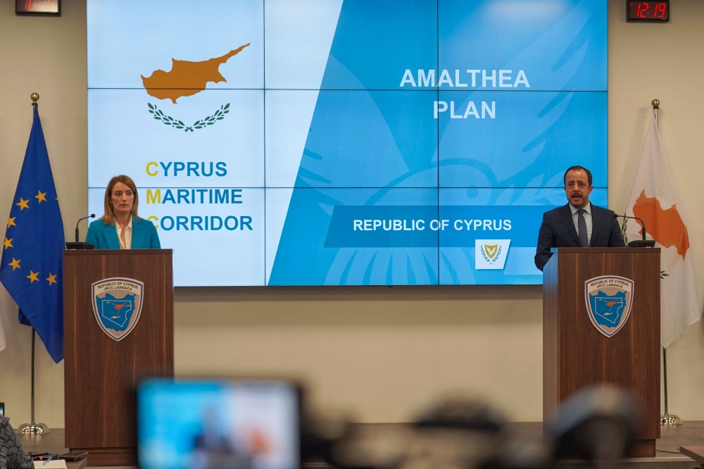 Cypriot President Nikos Christodoulides briefs media on the Gaza aid corridor, during a visit of the EU Parliament President Roberta Metsola at the Joint Rescue Coordination Centre (JRCC) near Larnaca's international airport on April 2, 2024. Photo by Etienne TORBEY / AFP.