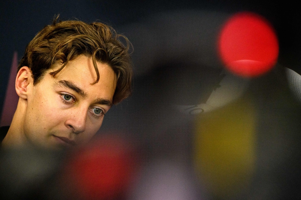 Mercedes' British driver George Russell attends a press conference ahead of the Formula One Japanese Grand Prix in Suzuka on April 4, 2024. (Photo by Philip FONG / AFP)