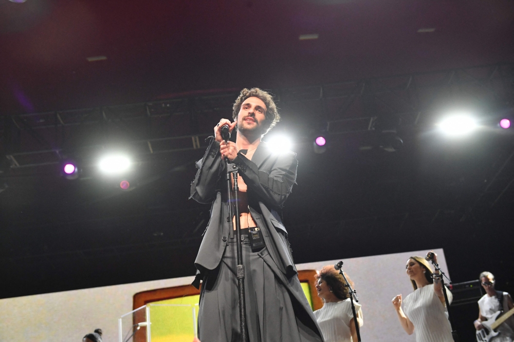 Rapper Saint Levant performs at the Gobi stage at the 2024 Coachella Valley Music and Arts Festival at Empire Polo Club on April 13, 2024 in Indio, California. (Photo by Valerie Macon / AFP)