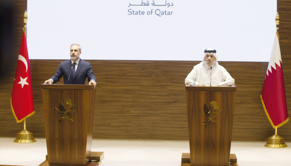 Prime Minister and Minister of Foreign Affairs H E Sheikh Mohammed bin Abdulrahman bin Jassim Al Thani and Turkish Foreign Minister H E Hakan Fidan address a joint press conference in Doha yesterday.
PIC: Rajan Vadakkemuriyil / The Peninsula