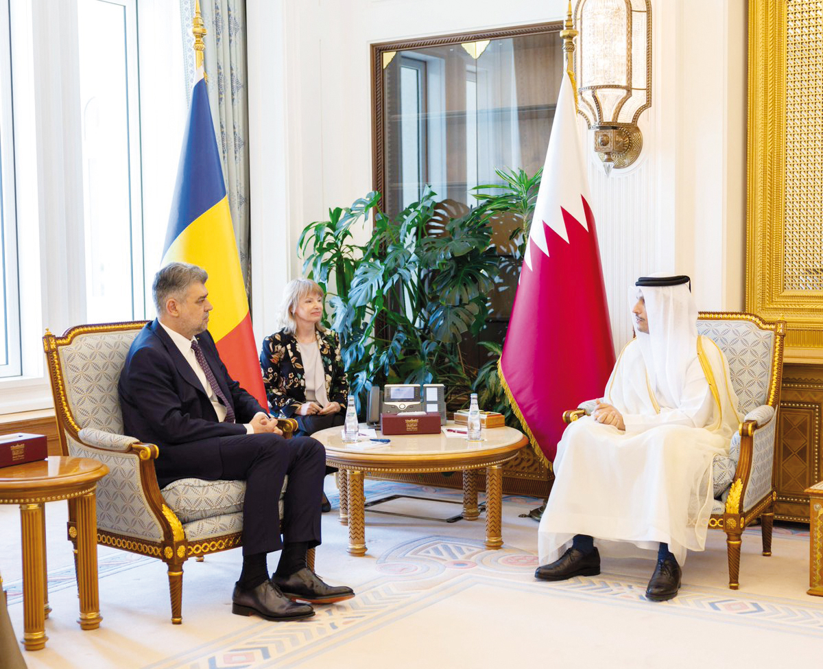 Prime Minister and Minister of Foreign Affairs H E Sheikh Mohammed bin Abdulrahman bin Jassim Al Thani meeting Prime Minister of Romania H E Marcel Ciolacu in Doha yesterday. 