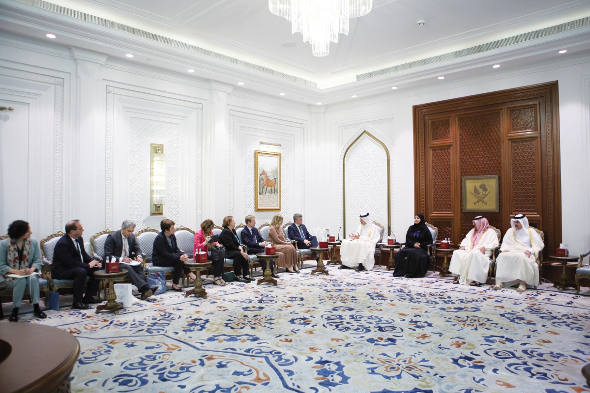 Shura Council Speaker H E Hassan bin Abdulla Al Ghanim meeting with a delegation from the Senate of the French Republic, headed by Chairman of the Committee on Foreign Affairs, Defence and the Armed Forces in the French Senate, H E Cedric Perrin.