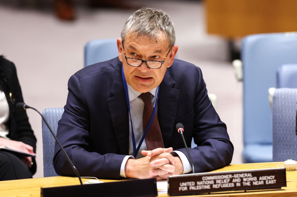 (Files) UN Relief and Works Agency (UNRWA) Commissioner General Philippe Lazzarini speaks during a United Nations Security Council meeting on UNRWA at UN headquarters in New York on April 17, 2024. (Photo by Charly Triballeau / AFP)