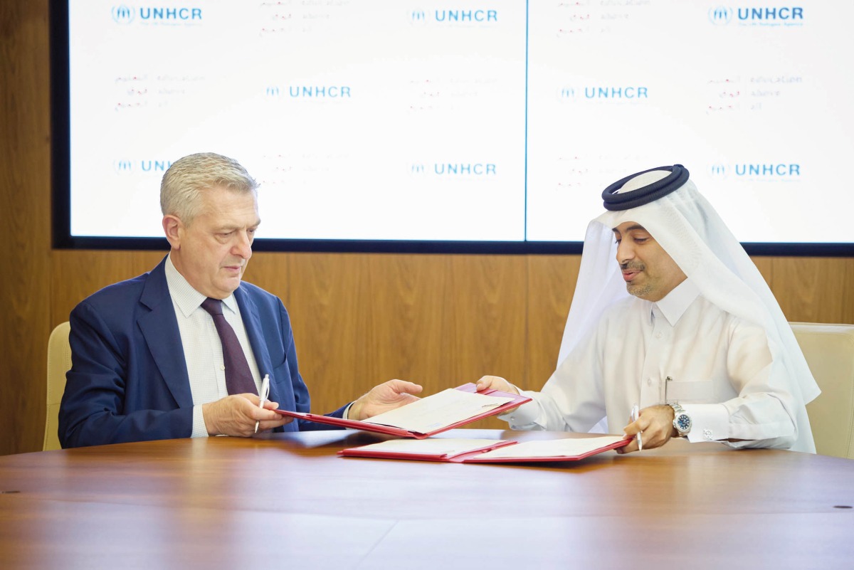 UNHCR High Commissioner, Filippo Grandi and EAA Foundation CEO, Fahad Al Sulaiti during the agreement signing ceremony. 