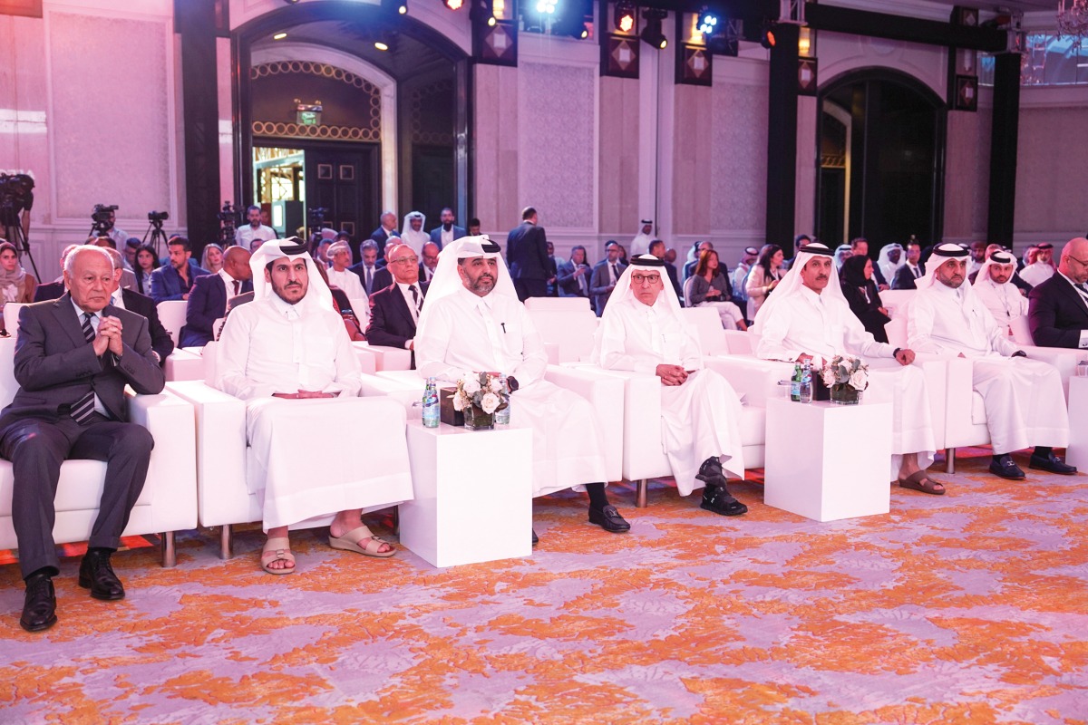 Minister of Commerce and Industry, H E Sheikh Mohammed bin Hamad bin Qassim Al Thani (second left), Acting CEO of QSE, Abdulaziz Nasser Al Emadi (first right), Secretary-General of the Arab League, Ahmed Aboul Gheit (first left) with other delegates during the conference. PIC: Semah Ben Mohamed 