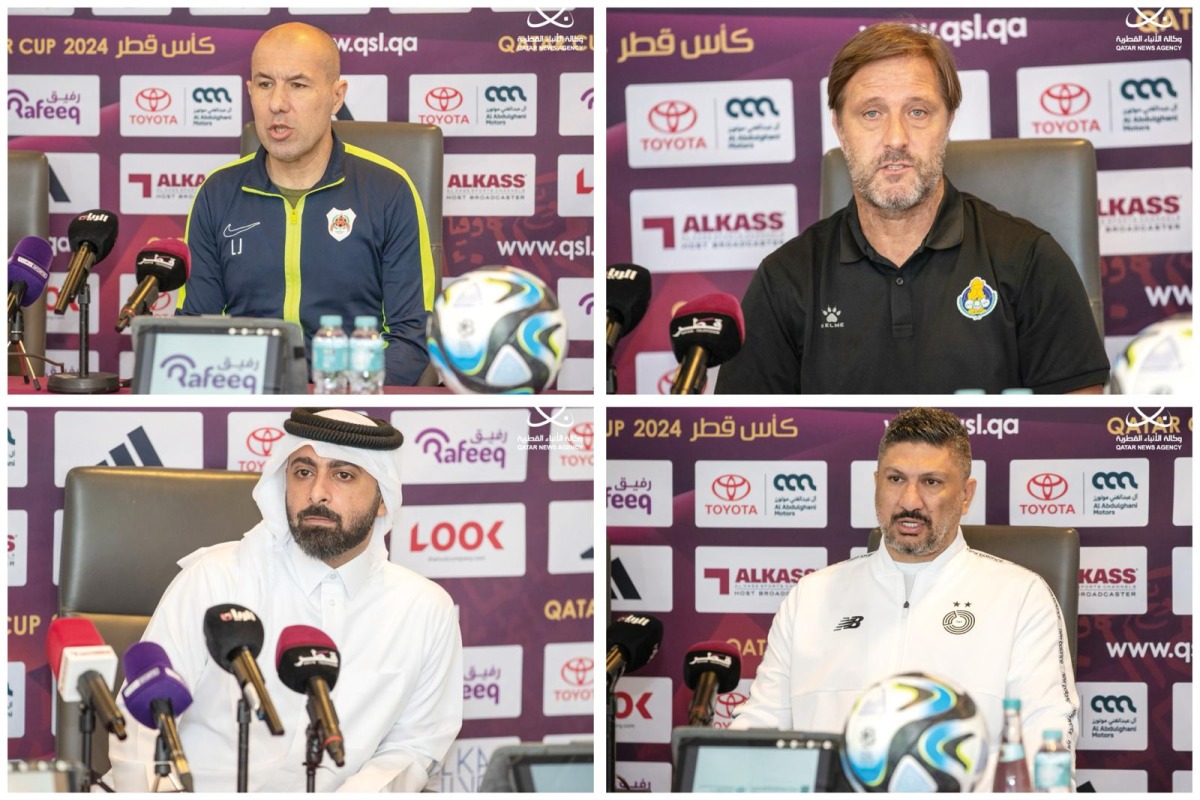 FROM LEFT: Al Rayyan coach Leonardo Jardim, Al Gharafa coach Pedro Martins, Al Wakrah coach Ali Rahma Al Marri and Al Sadd coach Wesam Rizik speak ahead of the Qatar Cup semi-finals yesterday.  