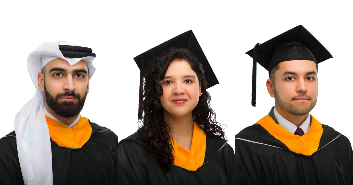 From left: GU-Q graduates Mohammed Al Zeyara, Asma Shakeel, and Nurmukhammad Mukhammadiev