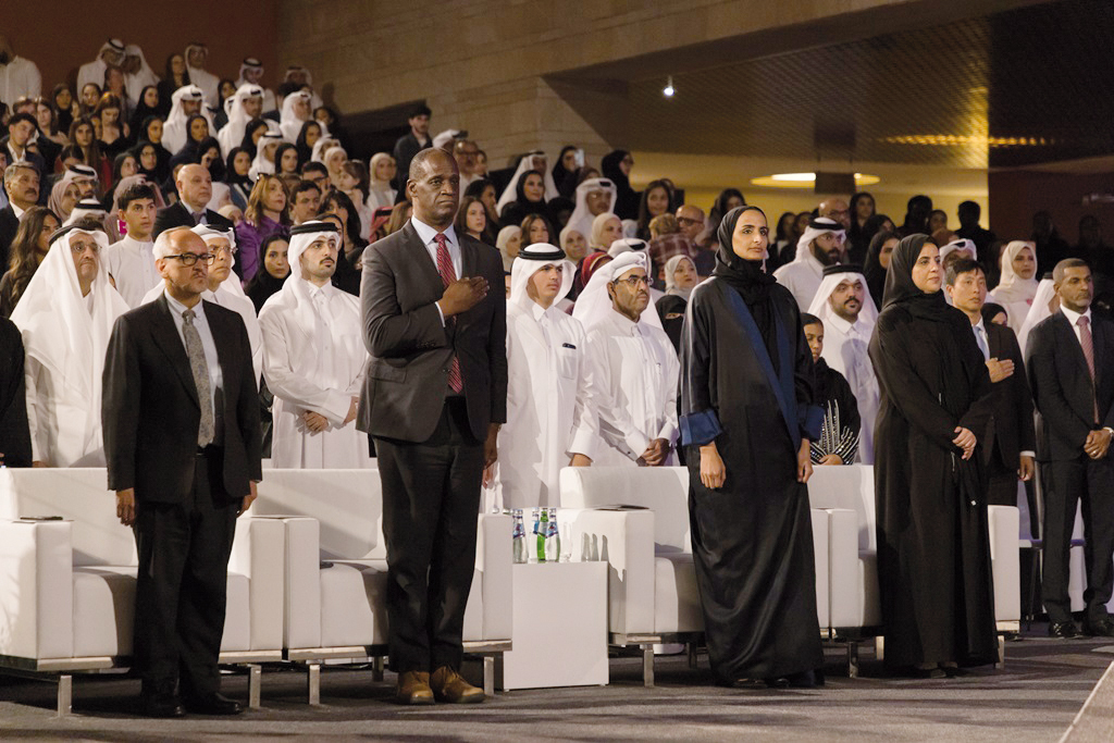 Vice-Chairperson and CEO of Qatar Foundation H E Sheikha Hind bint Hamad Al Thani, US Ambassador to Qatar H E Timmy Davis and other dignitaries at the commencement ceremony. 