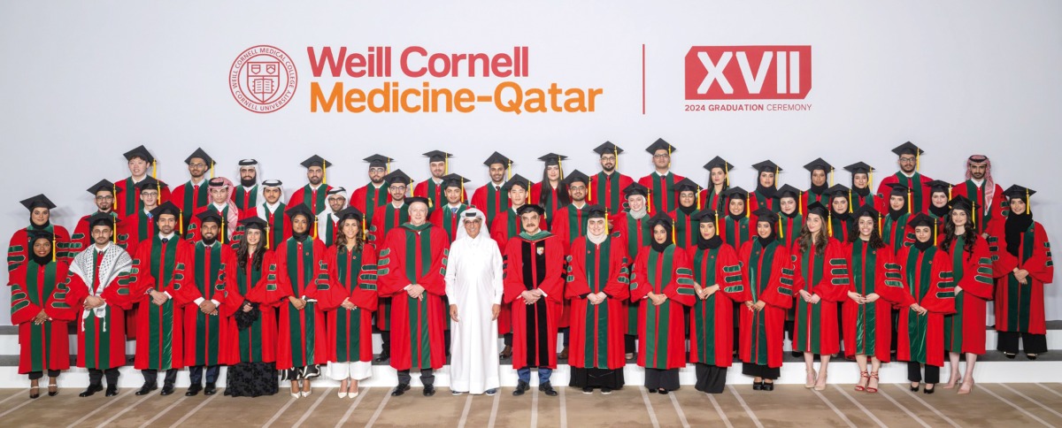 H E Dr. Hamad bin Abdulaziz Al Kawari, Minister of State and President of Qatar National Library; Dr. Robert A. Harrington, Dean of Weill Cornell Medicine in New York; and Dr. Javaid Sheikh, Dean of WCM-Q with the graduates.