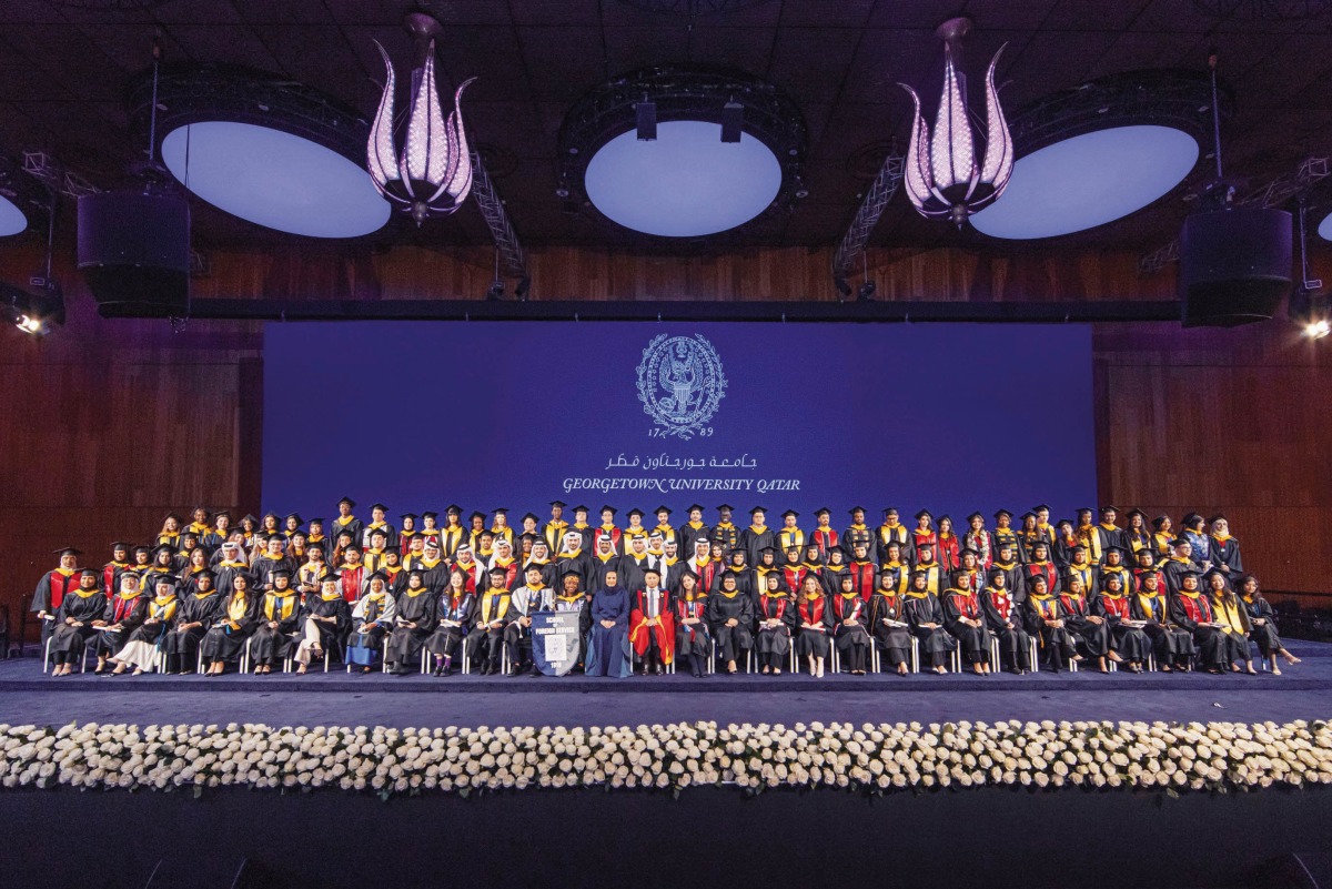 Chairperson of Qatar Museums H E Sheikha Al Mayassa bint Hamad bin Khalifa Al Thani and GU-Q Dean Dr. Safwan Masri with GU-Q Class of 2024.