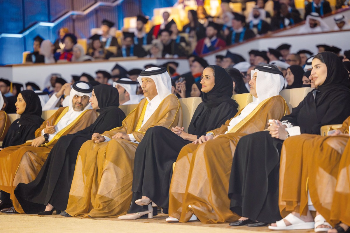 Speaker of the Shura Council H E Hassan bin Abdulla Al Ghanim (fourth right); Minister of Environment and Climate Change H E Dr. Abdullah bin Abdulaziz bin Turki Al Subaie (second right); Minister Of Education And Higher Education H E Buthaina bint Ali Al Jabr Al Nuaimi (fifth right); Minister of Social Development and Family H E Maryam bint Ali bin Nasser Al Misnad (first right); Vice-Chairperson and CEO of Qatar Foundation and Chairperson of HBKU Board of Trustees, H E Sheikha Hind bint Hamad 
Al Thani (third right); and other dignitaries at the HBKU Class of 2024 graduation ceremony held yesterday. 