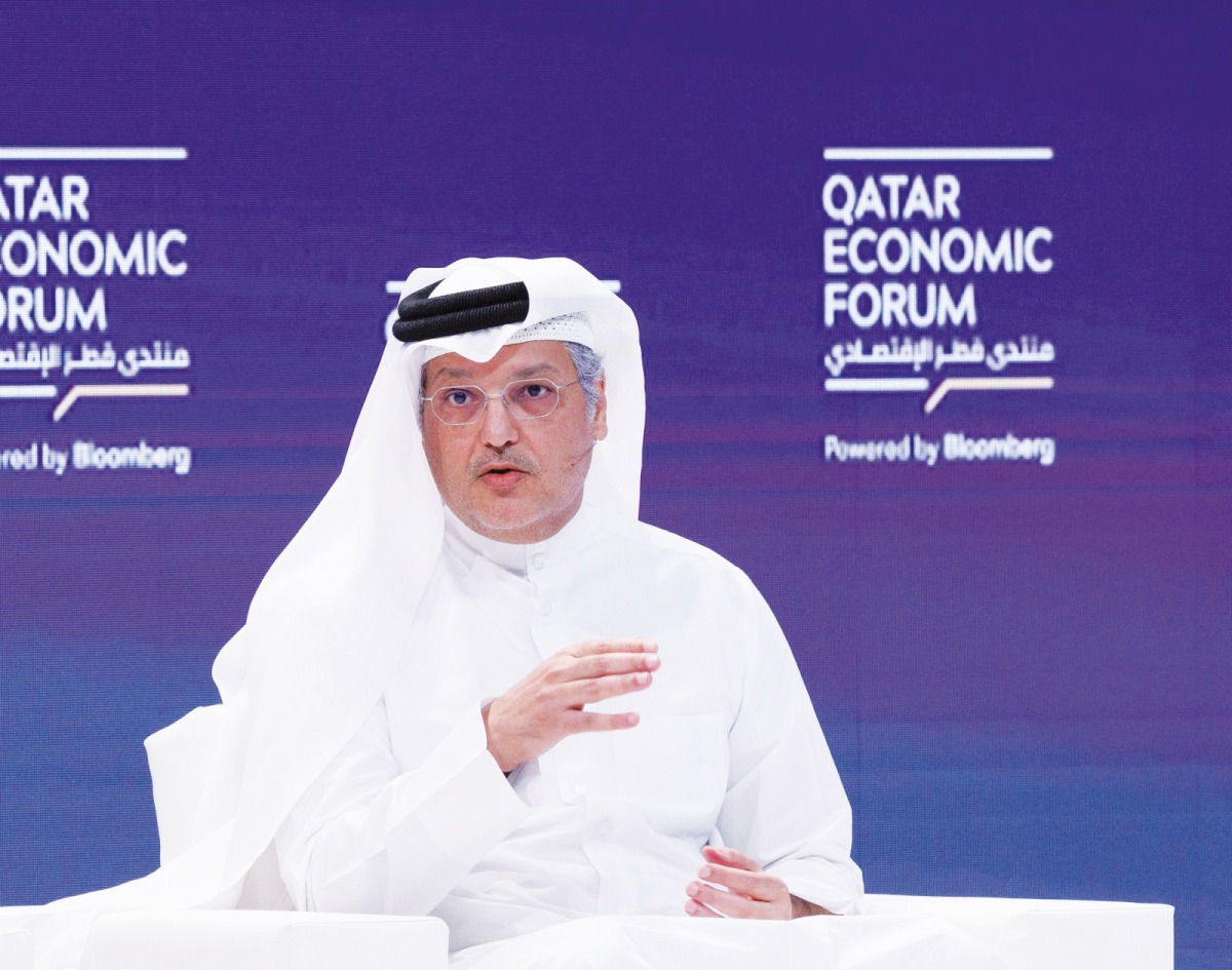 Minister of Communications and Information Technology H E Mohammed bin Ali bin Mohammed Al Mannai speaking at the Qatar Economic Forum yesterday.