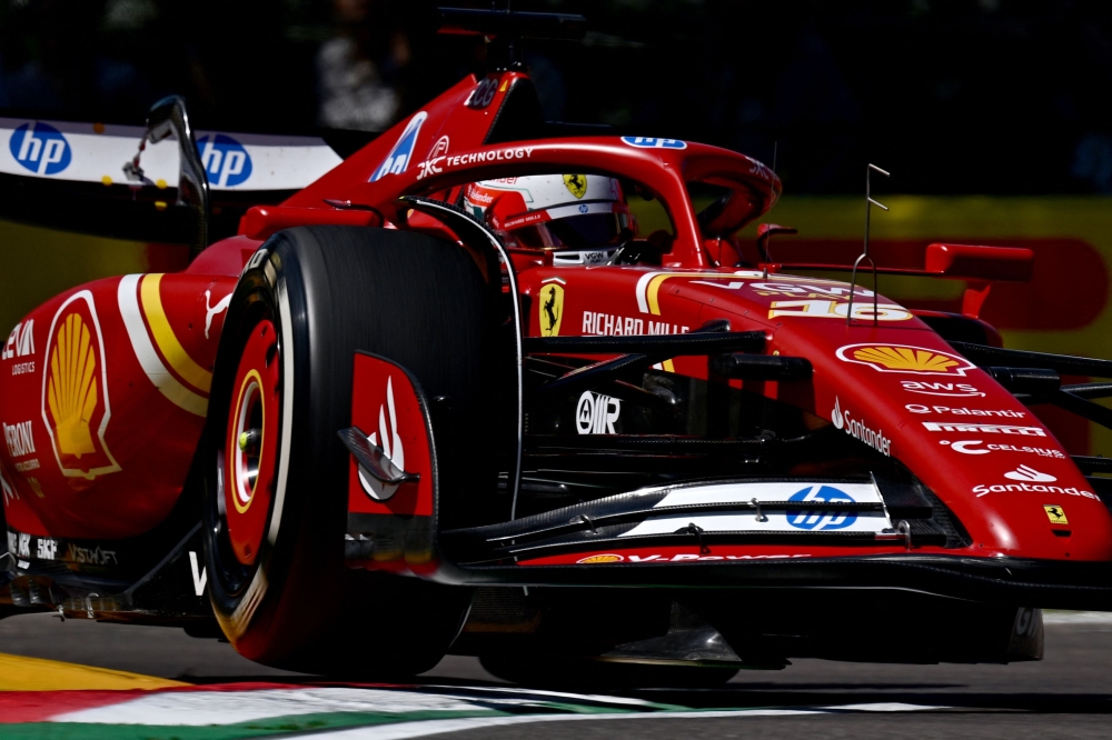 Ferrari's Monegasque driver Charles Leclerc drives during the first practice session at the Autodromo Internazionale Enzo e Dino Ferrari race track in Imola, Italy, on May 17, 2024, ahead of the Formula One Emilia Romagna Grand Prix. (Photo by GABRIEL BOUYS / AFP)
 