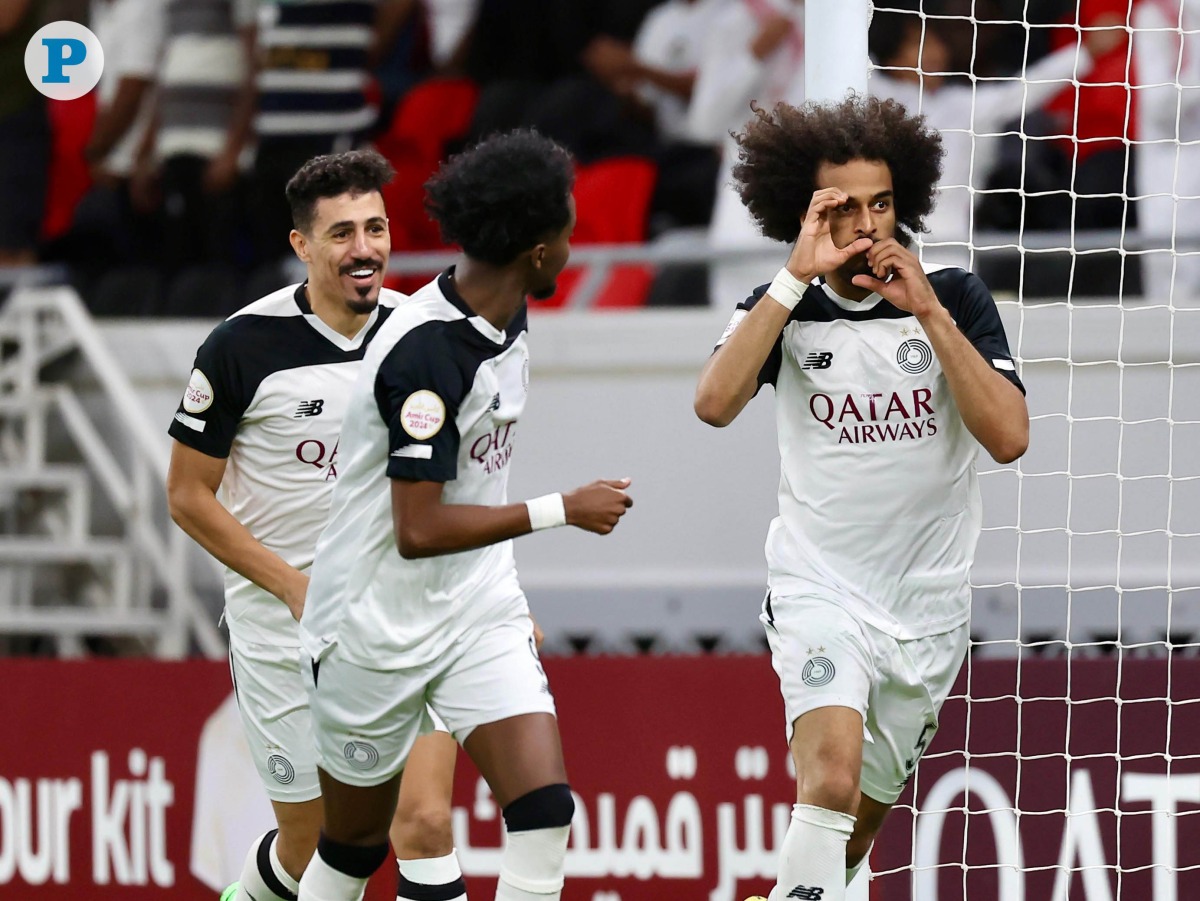 Al Sadd's Akram Afif (right) celebrates after scoring a goal against Al Duhail during their Amir Cup semi-final yesterday. Pic: Mohamed Farag / The Peninsula