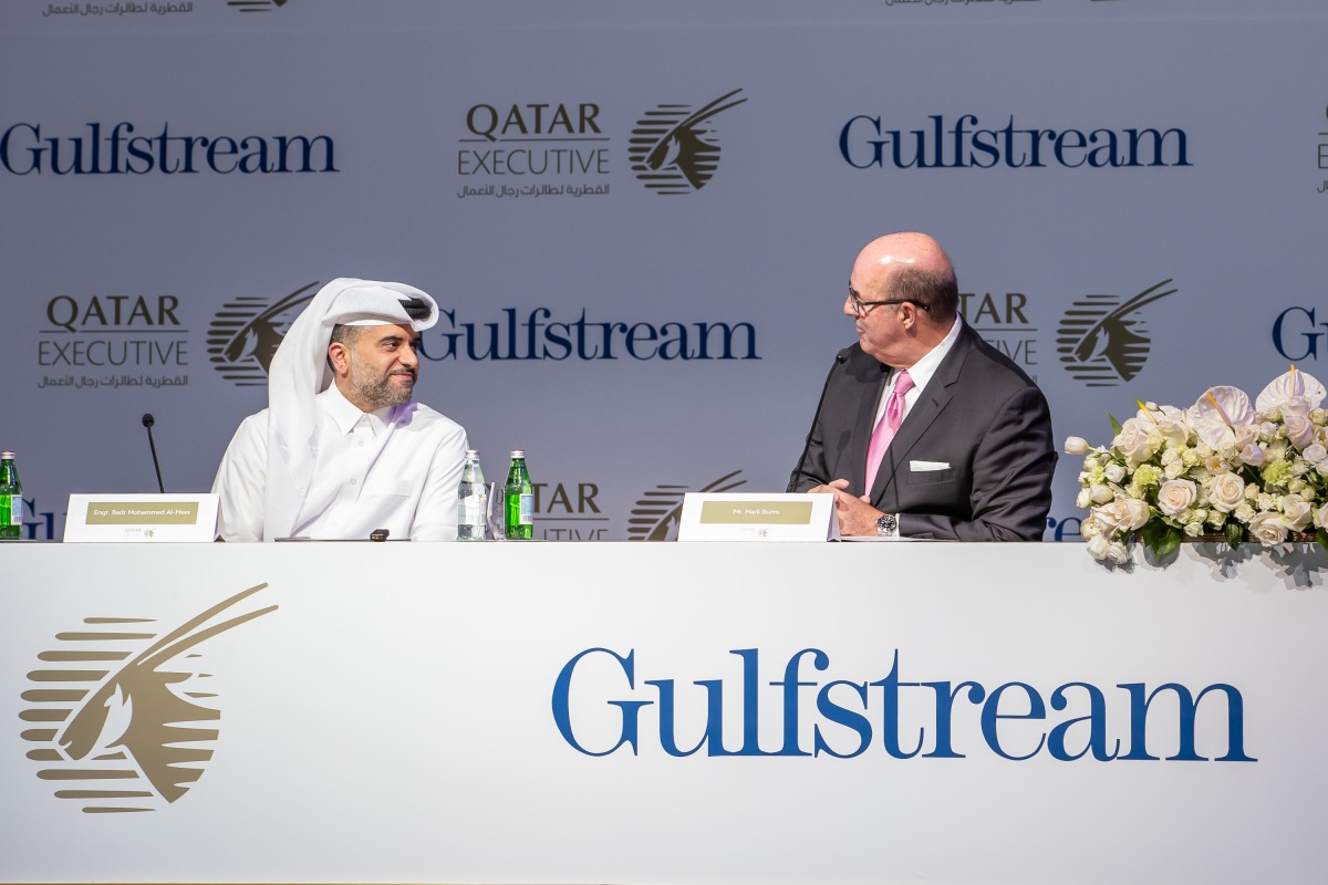 Qatar Airways Group CEO Eng Badr Mohammed Al Meer (left) and Gulfstream President Mark Burns during the press conference.