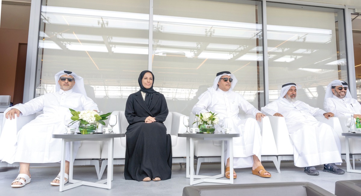 Minister of Environment and Climate Change H E Dr. Abdullah bin Abdulaziz bin Turki Al Subaie(first left); Minister of Awqaf and Islamic Affairs H E Ghanem bin Shaheen bin Ghanem Al Ghanim (fourth left); Minister of Education and Higher Education H E Buthaina bint Ali Al Jabr Al Nuaimi (second left); and Minister of Communications and Information Technology H E Mohamed bin Ali Al Mannai (third left) during the event held to mark the first anniversary of Google Cloud, yesterday.