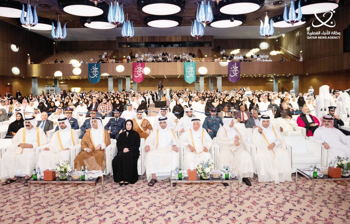 Minister of Education and Higher Education H E Buthaina bint Ali Al Jabr Al Nuaimi (fourth left), Minister of Labour H E Dr. Ali bin Smaikh Al Marri (third left), Minister of Justice and Minister of State for Cabinet Affairs H E Ibrahim bin Ali Al Mohannadi (fifth left), Chairman of the Board of Trustees of Lusail University H E Dr. Ali bin Fetais Al Marri and others at the graduation. 