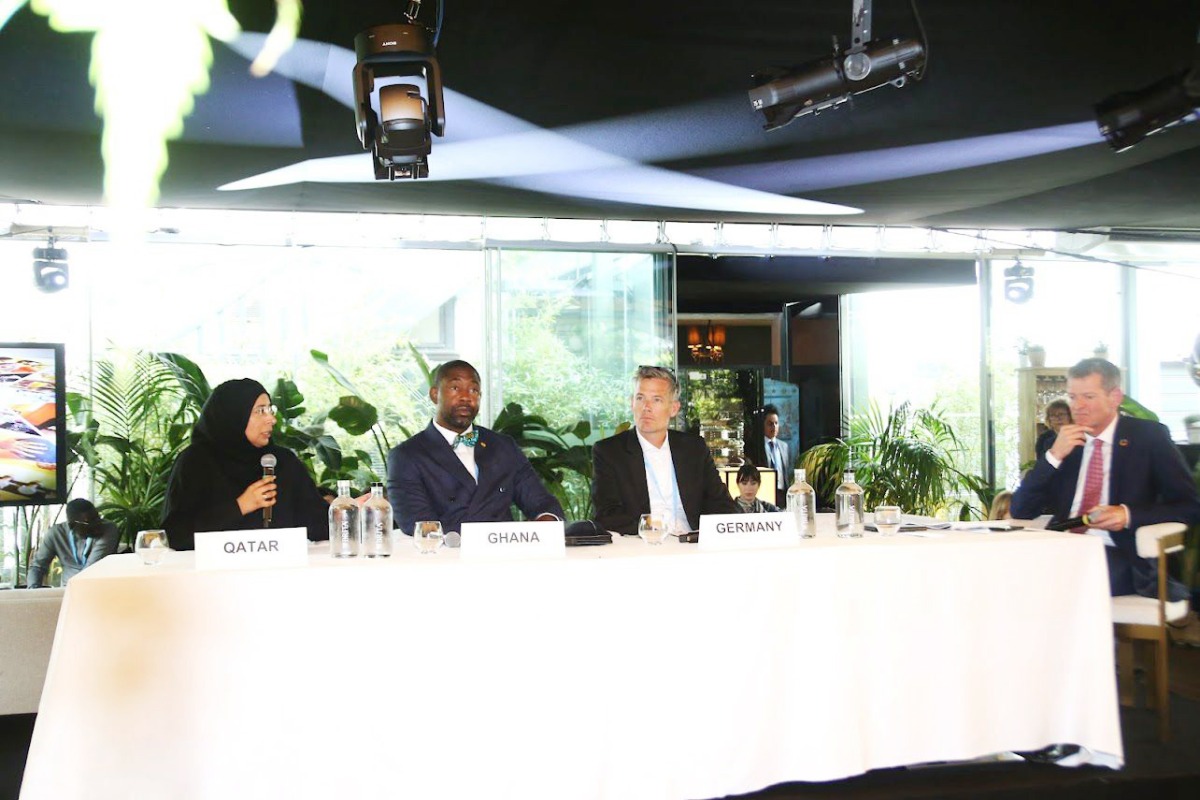 From left: Minister of Public Health H E Dr. Hanan Mohammed Al Kuwari; Minister of Health of Ghana H E Dr. Bernard Okoe Boye; Deputy Head of Unit Global Health, German Federal Ministry of Health, H E Bjorn Kummel; and other officials at the event in Geneva.