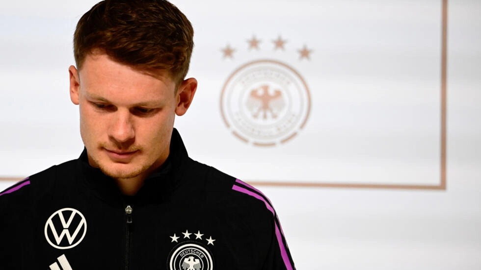 File: Goalkeeper Alexander Nuebel attending a press conference during a training camp for the German national football team ahead of Euro 2024 on May 29, 2024. (Tobias Schwarz / AFP)