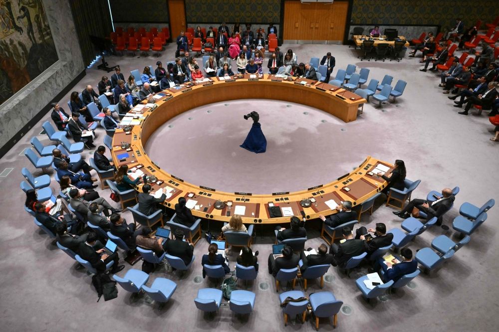 An overall view as the UN Security CoUNcil holds a meeting on the situation in the Middle East at UN headquarters on JUNe 10, 2024 in New York. (Photo by Angela Weiss / AFP)