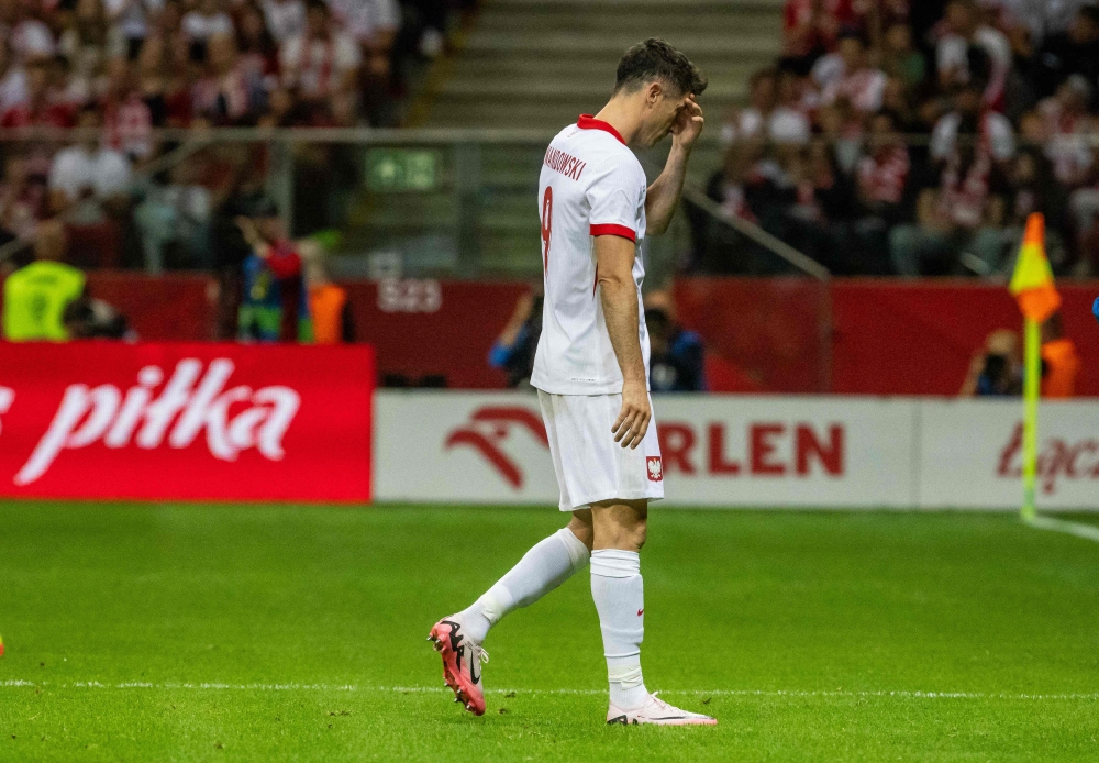 Poland's forward #09 Robert Lewandowski leaves the pitch during the international friendly football match between Poland and Turkey in Warsaw, Poland, on June 10, 2024. (Photo by Wojtek Radwanski / AFP)