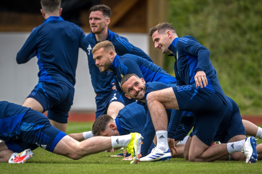 Scotland's players attend their MD-1 training session at the team's base camp in Garmisch-Partenkirchen on June 13, 2024, ahead of the UEFA Euro 2024 Football Championship. (Photo by Fabrice Coffrini / AFP)