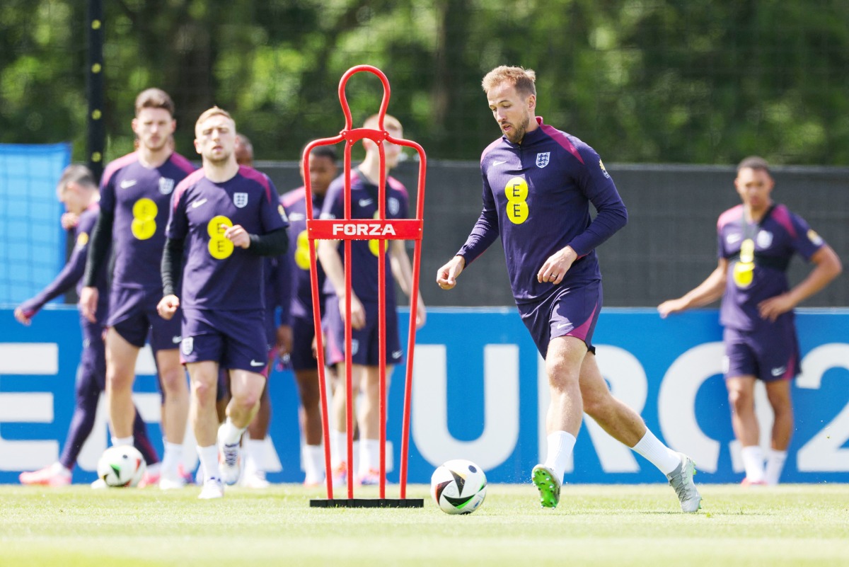 England’s Harry Kane (right) in action with teammates during a training session in Blankenhain, Thuringia, yesterday. AFP