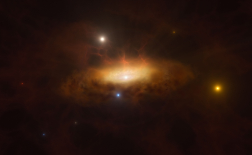 :This handout artist's impression obtained on June 18, 2024 from the European Southern Observatory (ESO) shows the growing disc of material being pulled in by the black hole as it feeds on the gas available in surroundings of the galaxy SDSS1335+0728, making the galaxy light up. (Photo by ESO/M. Kornmesser / European Southern Observatory / AFP)
