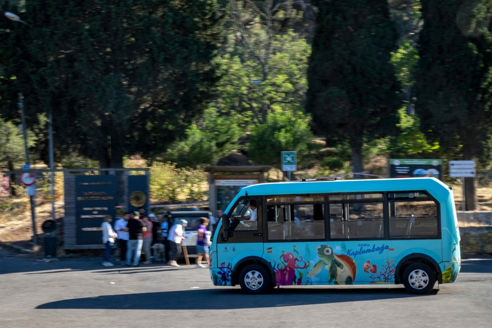 A new minibus drives on the island of Buyukada, in Istanbul on June 20, 2024. (Photo by Yasin Akgul / AFP)