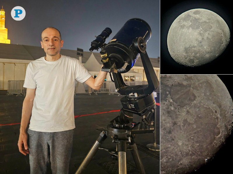 Amro Mahmoud Fathi Attia with his telescope at Souq Waqif. Right: Screenshots of the moon captured through his telescope. All pictures by Marivie Alabanza / The Peninsula