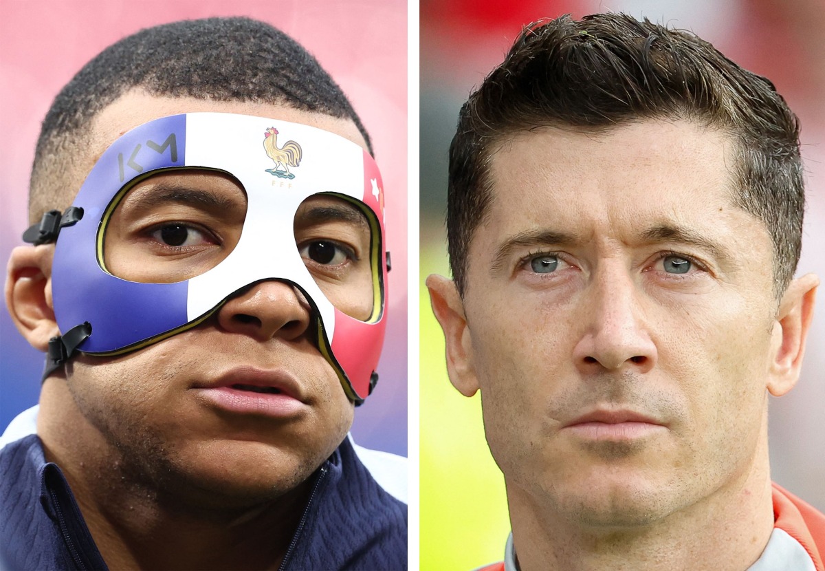 This combination of pictures made on June 23, 2024, shows France's forwar Kylian Mbappe (L) wearing a face mask and Poland's forward 09 Robert Lewandowski (R) (Photo by Axel HEIMKEN and Franck FIFE / AFP)
