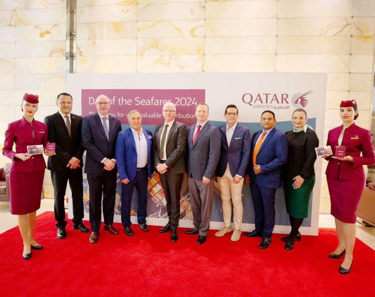 Officials and guests during ‘Day of the Seafarer’ celebration hosted by Qatar Airways at the Mariner Lounge at Hamad International Airport, yesterday. 