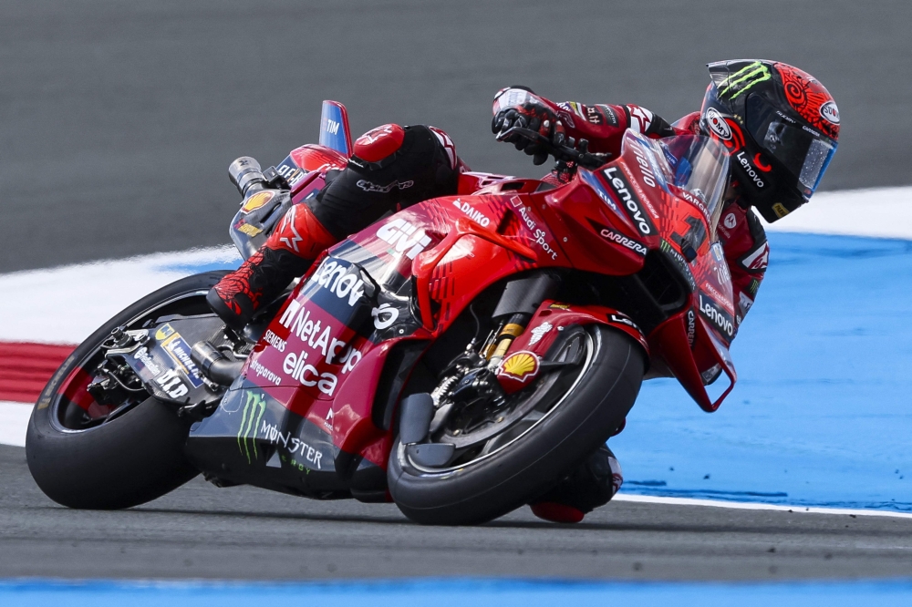 Ducati Lenovo Team's Italian rider Francesco Bagnaia rides during the MotoGP free practice session ahead of the 2024 Netherlands GP Grand Prix at the TT Circuit Assen, in Assen on June 28, 2024. (Photo by Vincent Jannink / ANP / AFP) 