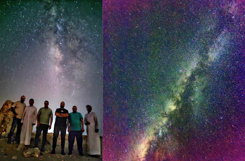 Qatar Calendar House astronomical team and astrophotographers. Photo by Ali Abo Ras; (Right) Milky Way Orion Arm photo by Ahmed Raslan