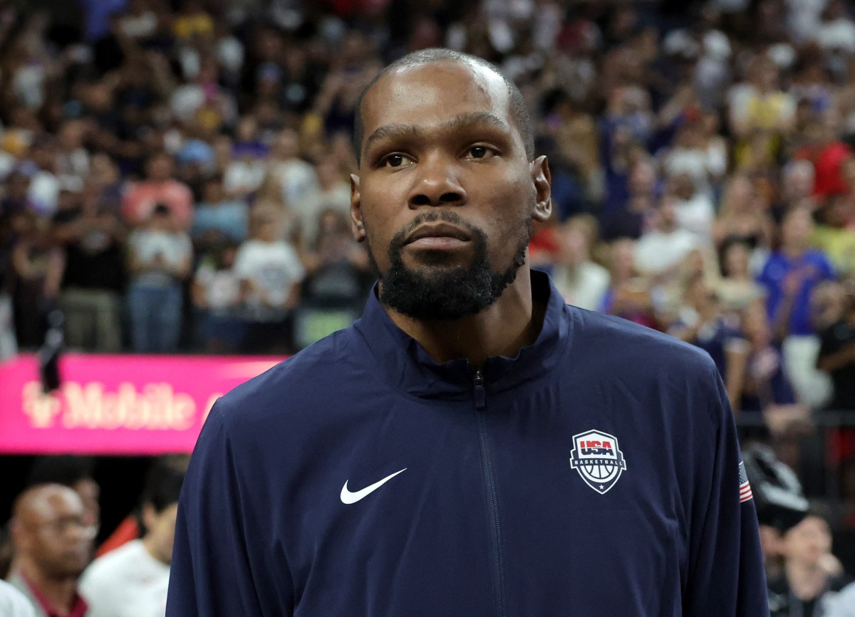 Kevin Durant of the United States walks on the court after the team's 86-72 victory over Canada in their exhibition game ahead of the Paris Olympic on July 10, 2024. Ethan Miller/Getty Images/AFP 