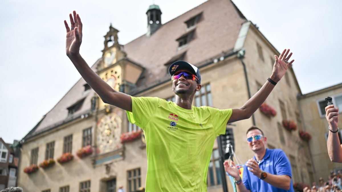 Mutaz Barshim celebrates after winning the International High Jump Meeting in Heilbronn, Germany, yesterday. PIC: www.leichtathletik.de