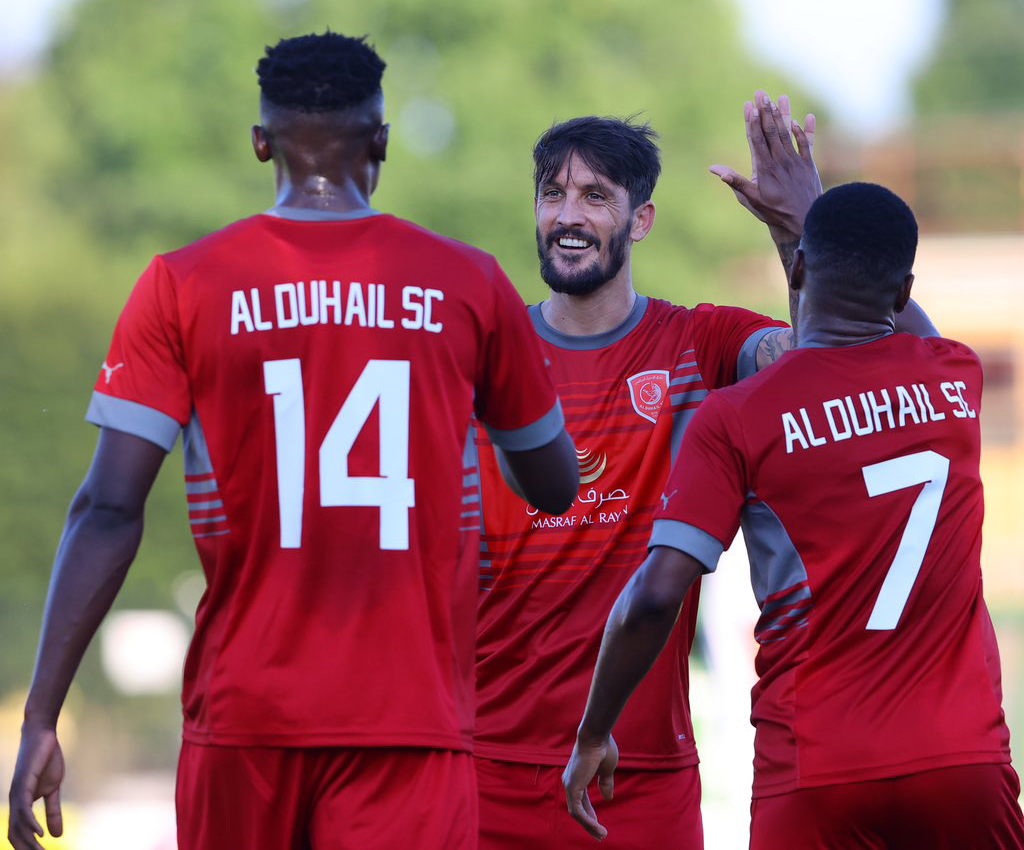 Al Duhail players celebrate after scoring a goal against Csikszereda.