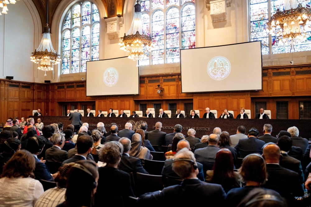 This photograph shows a general view of the courtroom during a non-binding ruling on the legal consequences of the Israeli occupation of the West Bank and East Jerusalem at the International Court of Justice (ICJ) in The Hague on July 19, 2024. (Photo by Lina Selg / ANP / AFP) / Netherlands OUT
