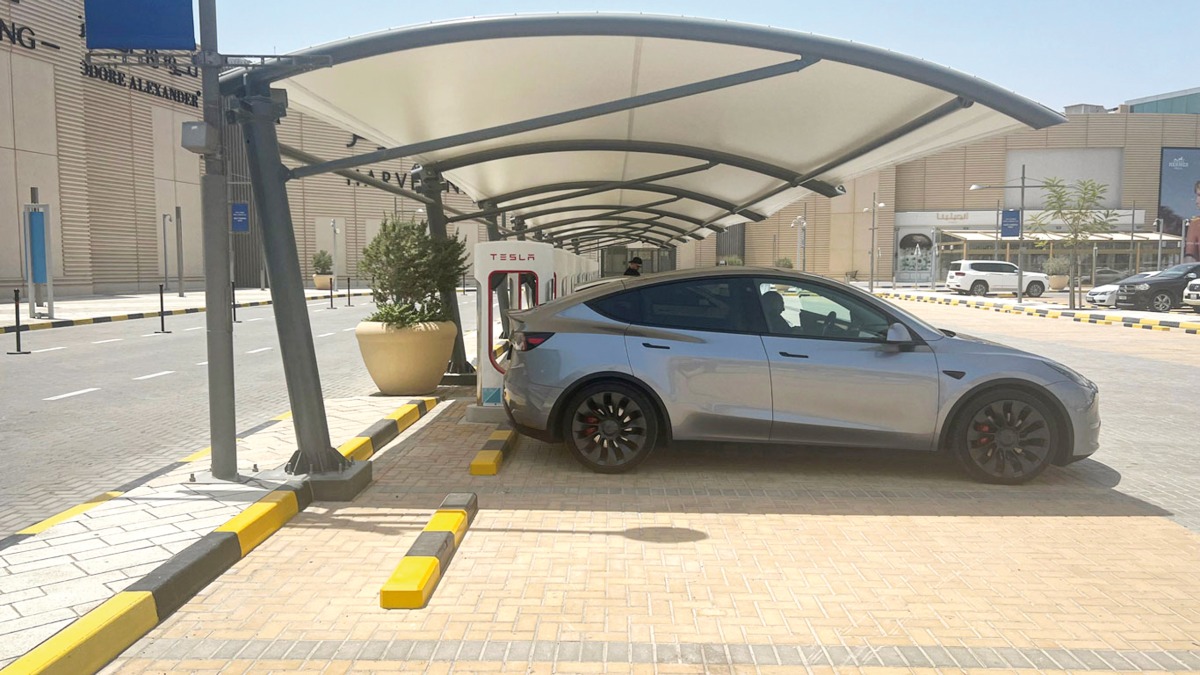 A Tesla EV charging station at Doha Festival City.