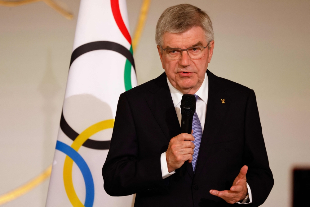 International Olympic Committee (IOC) President Thomas Bach delivers a speech during a reception for international journalists accredited for the Paris 2024 Olympic Games at the Elysee Presidential Palace, in Paris on July 22, 2024, ahead of Paris 2024 Olympic and Paralympic games. (Photo by Ludovic Marin / AFP)