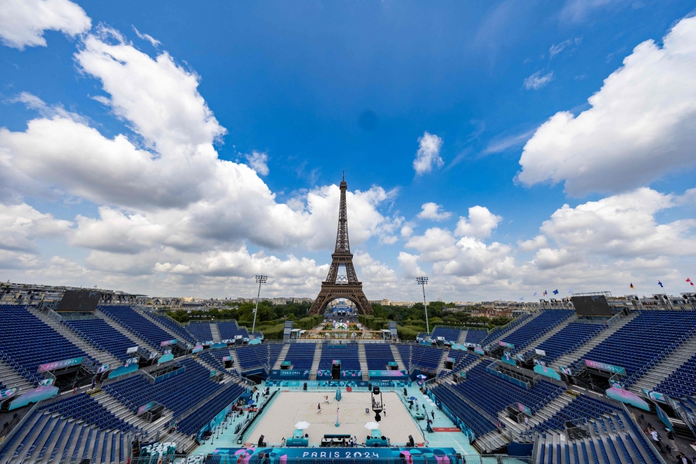 The empty spectators seats are seen during a practice session at Eiffel Tower Stadium in Paris on July 24, 2024. (Photo by Odd Andersen / AFP)