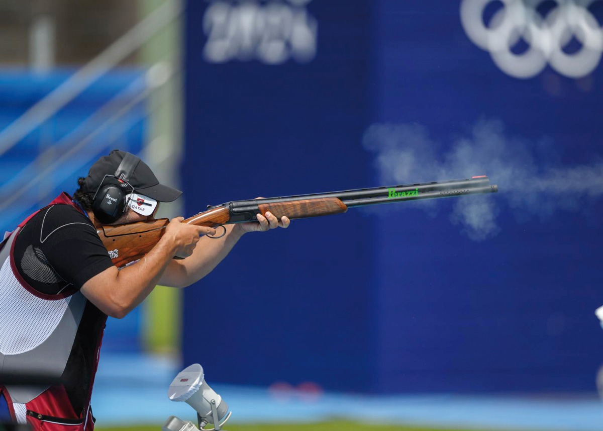 Qatar's Saeed Abusharib in action during the qualifying rounds of men's trap shooting  at the Chateauroux Shooting Centre, yesterday.