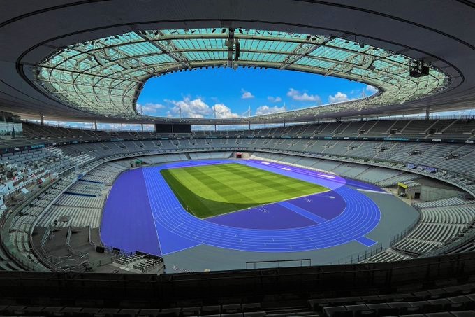 File: The new purple track at the Stade de France in Paris. (Photo by Martin Bureau/Getty Images via AFP)