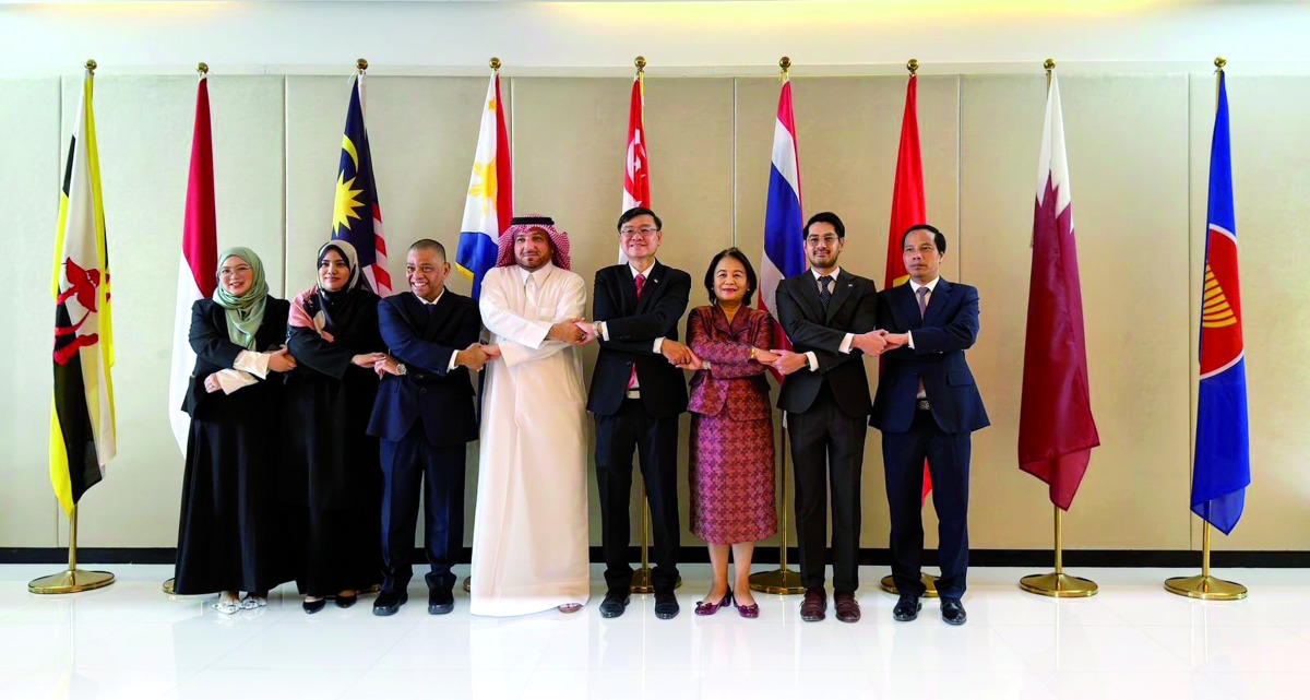 Director of the Protocol Department at the Ministry of Foreign Affairs H E Ibrahim Yousif Fakhro (fourth left), Ambassador of Singapore and current Chair of the Asean Committee in Doha H E Wong Chow Ming (fourth right), Indonesian Ambassador to Qatar H E Ridwan Hassan (third left), Ambassador of the Philippines H E Lillibeth Velasco Pono (third right), Ambassador of Vietnam H E Nguyen Huy Hiep (right), and other diplomats during the commemoration ceremony of 57th anniversary of the establishment of Asean, held in Doha yesterday.