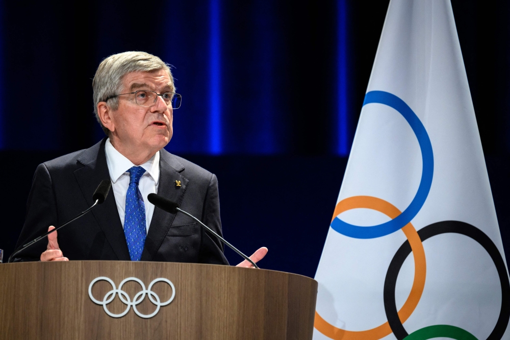 International Olympic Committee (IOC) President Thomas Bach delivers a speech during the 142nd session of the IOC in Paris on August 10, 2024, during the Paris 2024 Olympic Games. Photo by Fabrice COFFRINI / AFP