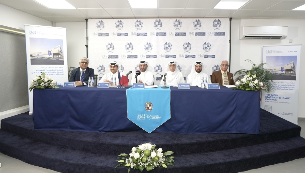 President of Oryx Universal College, Azmy Ameer (third left); Chairman of Oryx Universal College, Dr. Homaid A. Al Madfa (third right); and other dignitaries during the press conference yesterday.