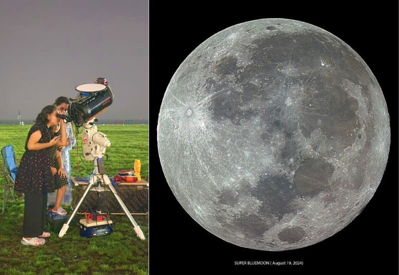 A young woman observes the 'super blue moon' through a telescope on August 19, 2024 at Old Doha Port. (Pics: Ajith Everester)