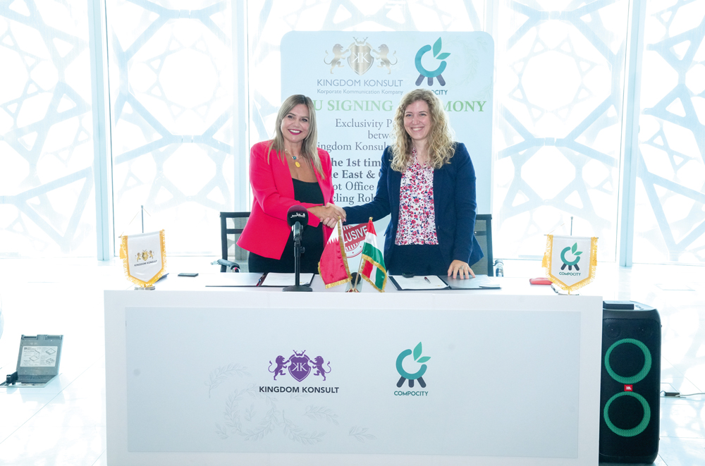 Kingdom Konsult CEO Catina Aghayan (left) and Compocity CEO Dr. Emese Pancsa at the MoU signing in Doha yesterday.