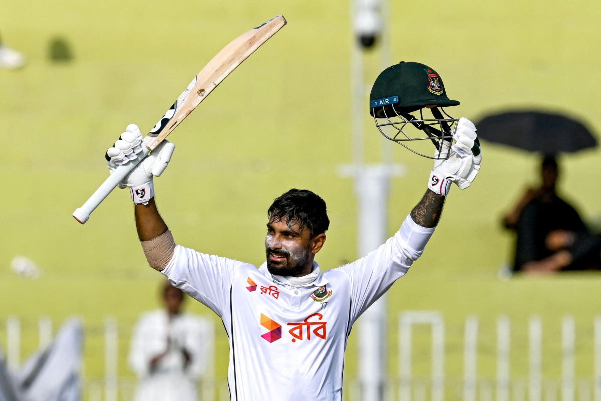 Bangladesh's Litton Das celebrates after scoring a century (100 runs) during the third day of the second and last Test cricket match between Pakistan and Bangladesh, at the Rawalpindi Cricket Stadium in Rawalpindi on September 1, 2024. (Photo by Aamir QURESHI / AFP)
